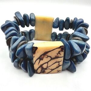 Vintage 90s Cream Floral‎ Wooden Boho Blue Stone Stretch Bracelet Chunky Jewelry